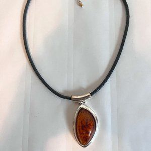 Faux Amber Silver Tone Pendant Leather Braided Cord Chain Necklace